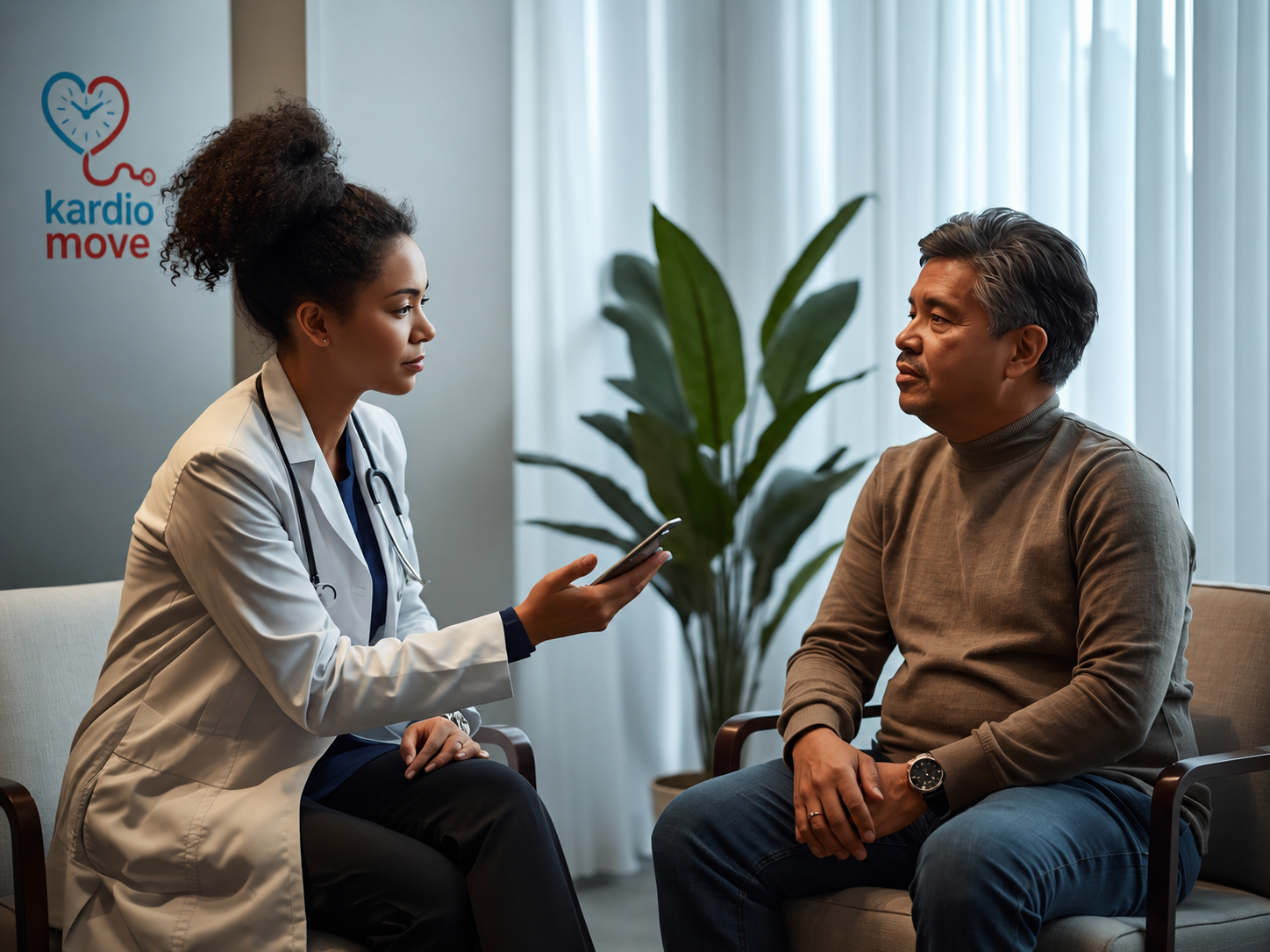 Profesional de salud orientando a un paciente en consulta preventiva.