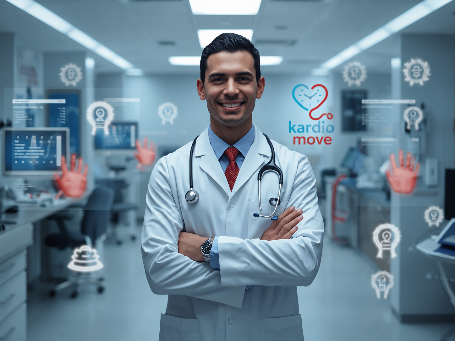 Médico rodeado de elementos visuales digitales asociados a prevención y monitoreo.