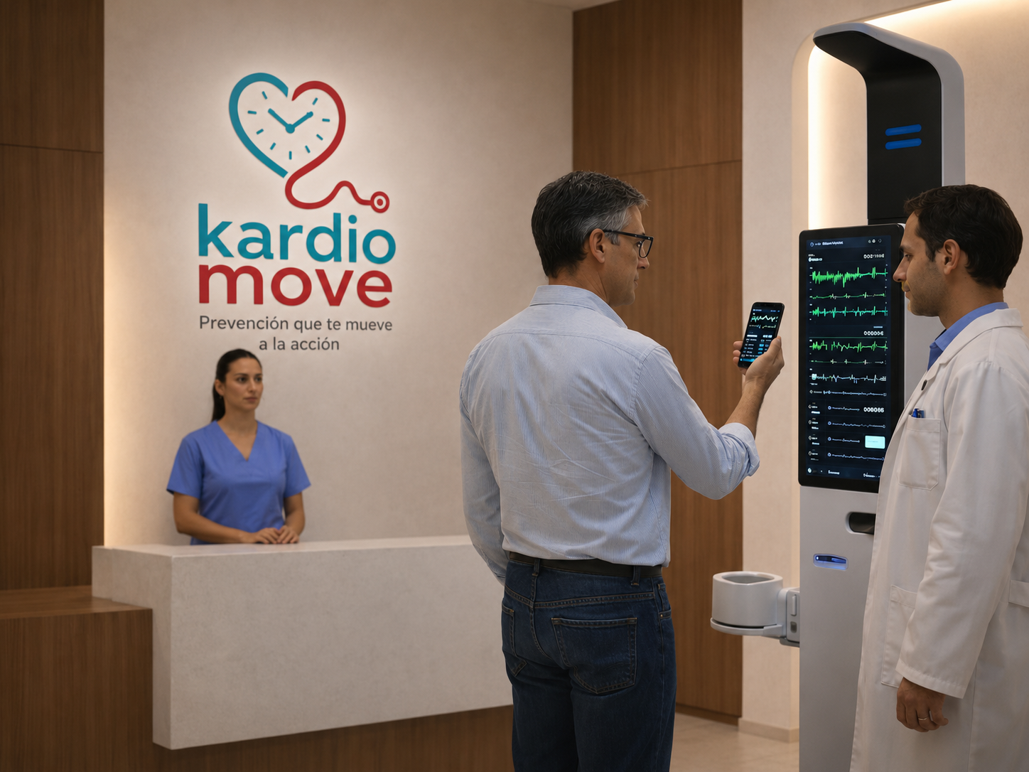 Paciente usando un kiosco KARDIOMOVE en un espacio clínico moderno.