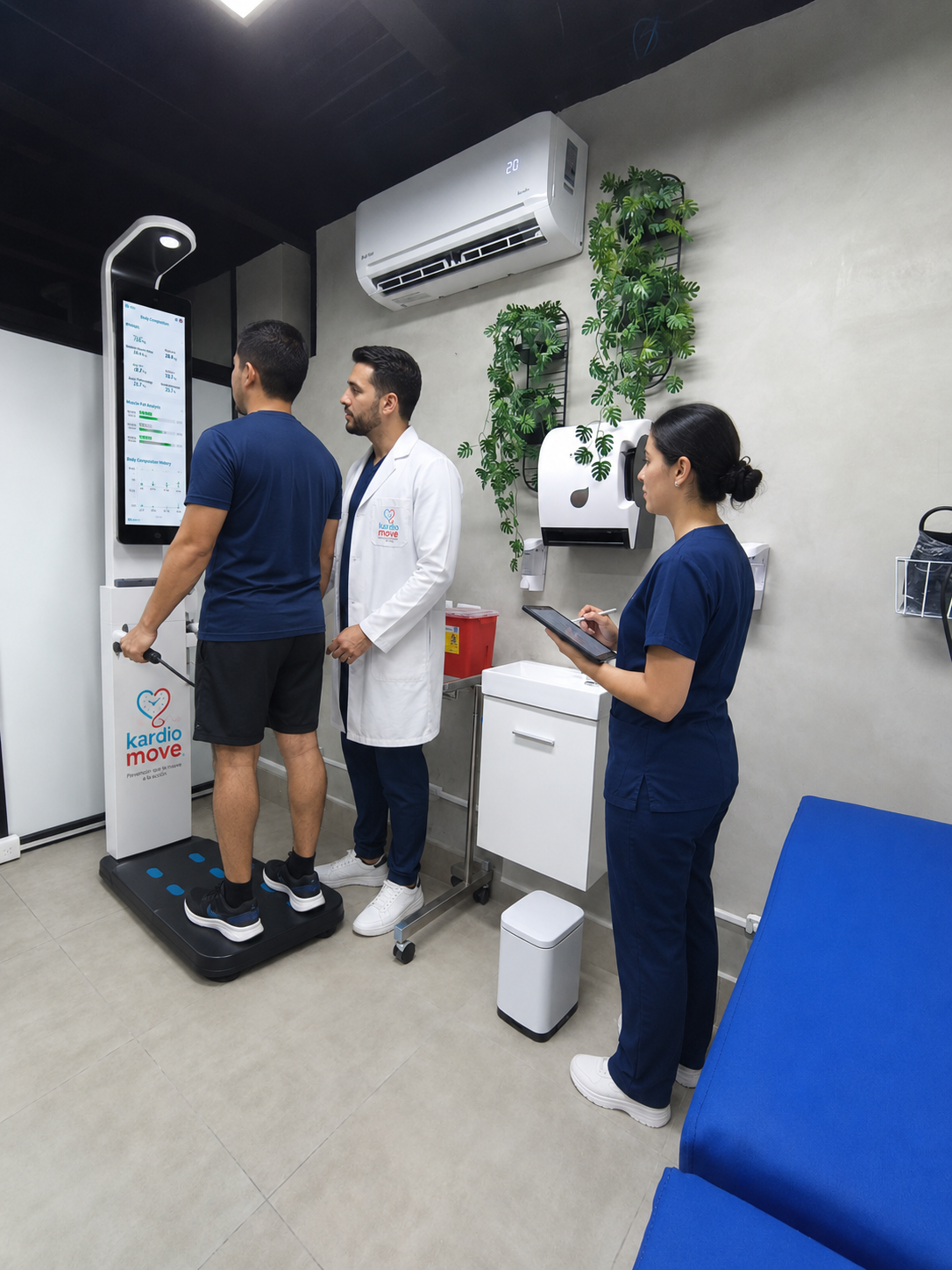 Profesional de salud realizando una medición de presión arterial a una paciente en el consultorio KARDIOMOVE.